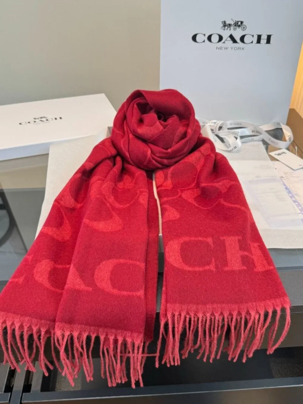 Coach Classic Monogram C Logo Burgundy Fringe Scarf Warm Cozy Designer Shawl